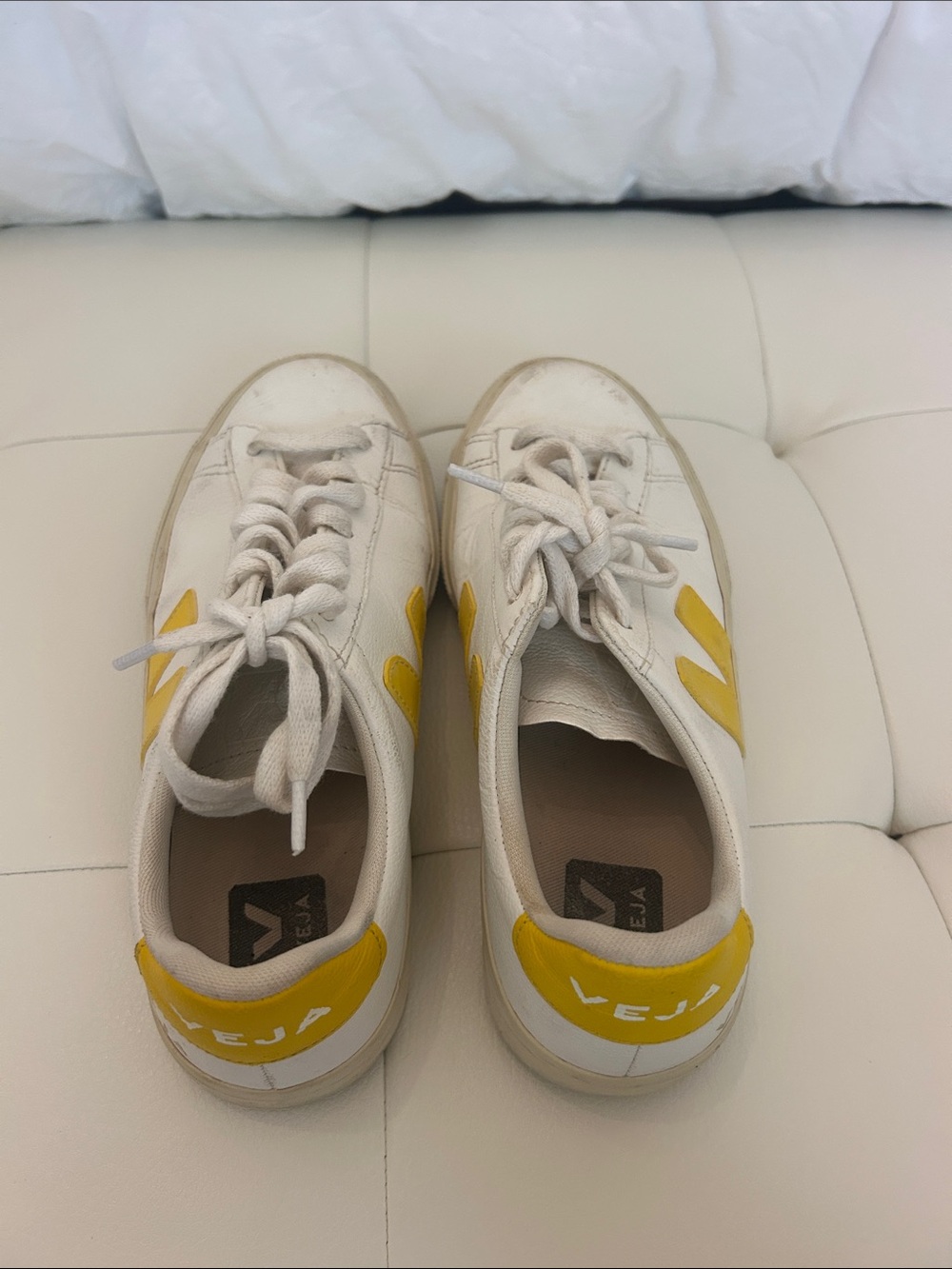 Veja White Sneakers with Yellow V Accents